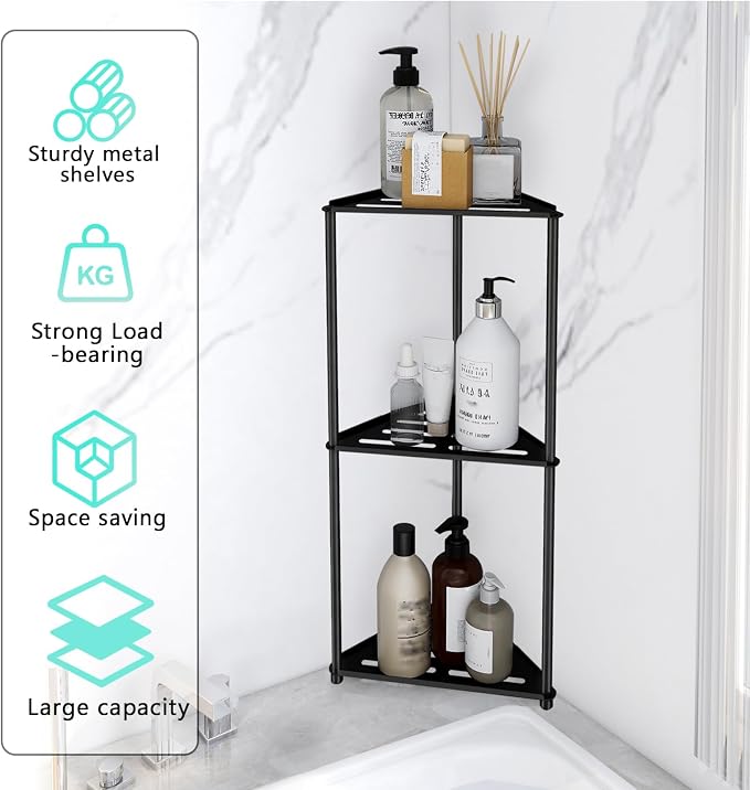 Standing Shower Caddy Corner, 3 Tier Stainless Steel Shower Organizer Stand, Rustproof Corner Shower Shelves, Corner Shower Caddy Bathroom Shower Stand, Black
