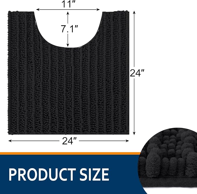 Smiry Bathroom Toilet Rugs U Shaped 24x24, Extra Soft Absorbent Non Slip Rubber Backing Chenille Contour Bath Rugs for Toilet, Machine Washable Contoured Bath Mats, Black