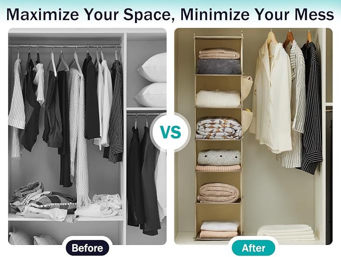 YOUDENOVA Hanging Closet Organizer, 6-Shelf Closet Hanging Storage Shelves, 2 Packs, Beige
