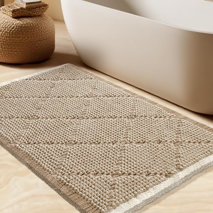 Waffle Bath Mat, Boho Woven Modern Bath Rug Absorbent Non Slip, Ultra Soft Bathroom Mats, Machine Washable Knit Bath Rugs with Rhombus for Bathroom, Bedroom, Kitchen, Shower, 32"x20", Beige & White