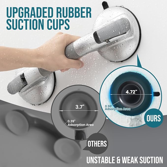 TAILI Grab Bars for Bathtubs and Showers,2 Pack Shower Handles for Elderly Suction,Maximum 330lbs,Shower Bar with Upgraded Rubber Suction Cups,Safety Grip for Senior, No Drilling Removable,Silver