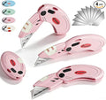Box Opener with 10 Extra Blades,Mini Box Cutter with Button Lock Mechanism,Razor Blades Utility Knife for Opening Daily Express Boxes, Packages, Envelopes,Paper tapes,Pink,4 Pcs.