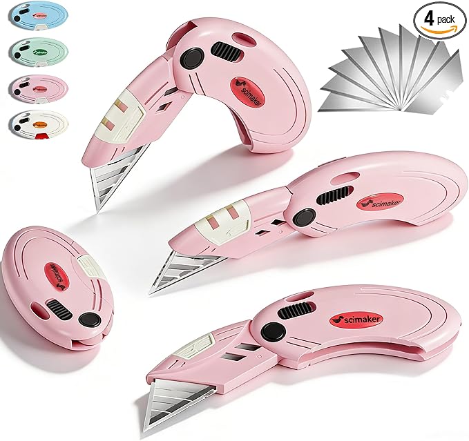 Box Opener with 10 Extra Blades,Mini Box Cutter with Button Lock Mechanism,Razor Blades Utility Knife for Opening Daily Express Boxes, Packages, Envelopes,Paper tapes,Pink,4 Pcs.