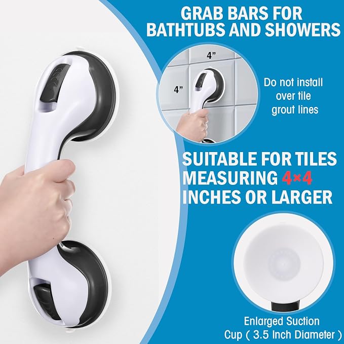 AceOrbit 6 Pack 12 Inch Shower Grab Bars for Bathtubs and Showers Suction Cup Shower Handles for Seniors Elderly Handicap Safety Handrails Removable No Drilling Heavy Duty Bathroom Grips(Black)