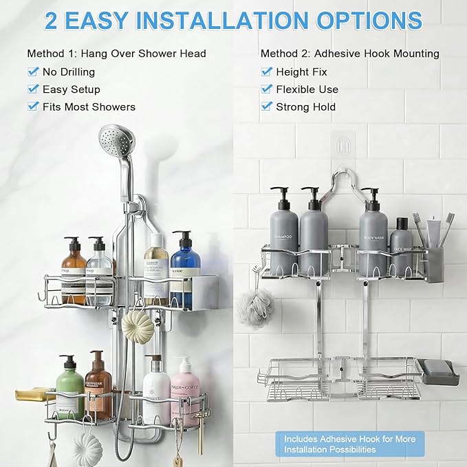 Shower Caddy Hanging Organizer, Rustproof Shower Organizer Hanging for Handheld Showerhead with Hooks for Razor/Sponge, Bathroom Caddy Rack Shower Shelves for Shampoo Soap Towels, Silver