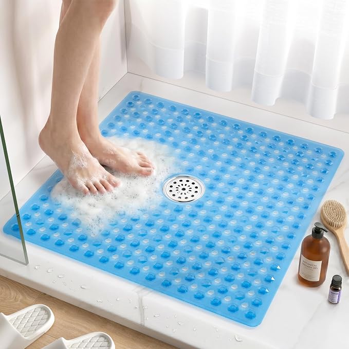HITSLAM Non Slip Shower Stall Mat with Center Drain Hole, Diamond Textured PVC Bath Mat for Inside Shower, Machine Washable, Strong Suction Cups for Bathroom Bathtub Mat, 24x24 Inch, Blue