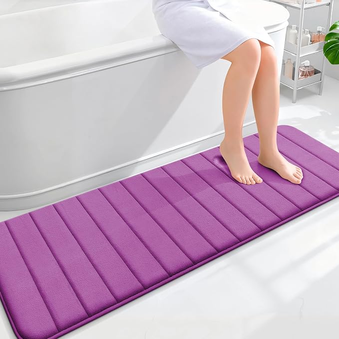 OLANLY Memory Foam Long Bathroom Rugs Runner 59x20, Super Soft Absorbent Bath Mat, Quick Dry, Machine Washable Shower Floor Rugs, Bathmat Carpet, Bathroom Home Decor Accessories, Purple