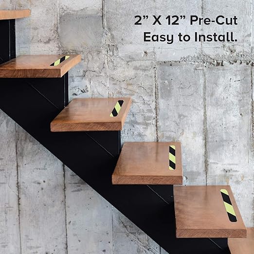 LifeGrip Anti Slip Traction Treads with Glow in Dark Stripe (12-Pack), 2" X 12", Best Grip Tape 80 Grit Non Slip, Pre-Cut Strips, Rounded Corners, Luminous Green - Right Size and Easy Application