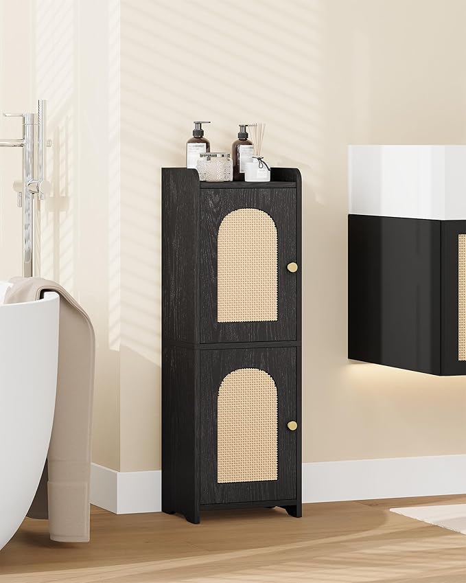 Hzuaneri Bathroom Storage Cabinet, Small Corner Floor Cabinet with 2 Doors and Adjustable Shelf, Narrow Toilet Paper Cabinets, Bathroom Organizer for Small Spaces, 7.9" D x 9.8" W x 29.5" Rattan Black