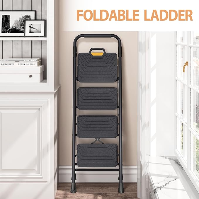 TOOLF 4 Step Ladder, Sturdy Steel Step Stool with Anti-Slip Wide Pedals, Handrail, Safe-Lock Design, Folding Portable Ladder for Multi-Purpose, Home, Kitchen, Pass 800lbs Load Testing, Black