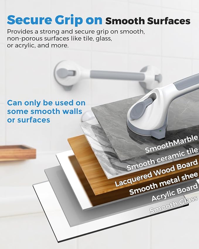 2 Pack 16.5" Suction Grab Bars for Showers with Safety Indicator, No-Drill 4mm Thickened Handicap Shower Handle for Seniors, Non-Slip Bathroom Balance Rail for Smooth Tiles & Tubs