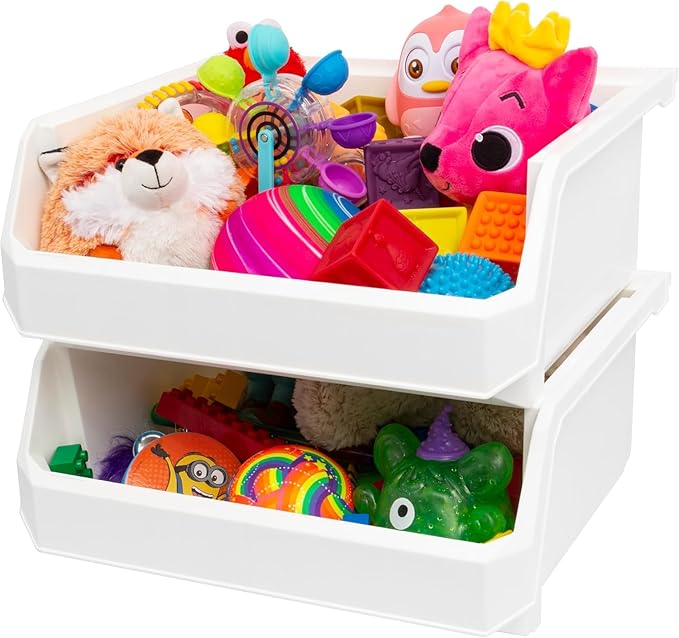 ReadySpace Plastic Containers for Organizing and Storage Bins for Closet, Kitchen, Office, Garage or Pantry Organization, Stackable Bins, Extra Large (14.8" x 16.5" x 7"), 4-Pack, White
