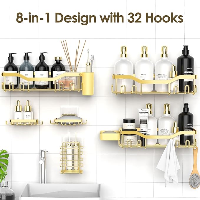 NESOMI Shower Caddy Adhesive Shower Organizer 8-Pack, Rustproof Stainless Steel Bathroom Shelves, Large Capacity No-Drill Rack Storage Accessories with Soap Dish Toothbrush Holder Hooks