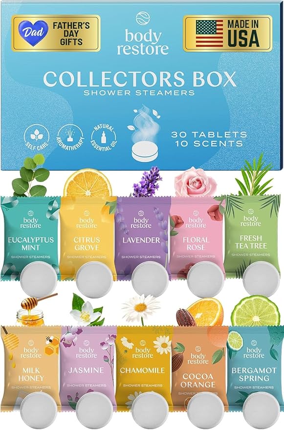 Body Restore Shower Steamers Aromatherapy 30 Pack – Fathers Day Gift for Dad, Birthday Gifts for Women & Men, Spa Stress Relief & Relaxation Self Care Gifts – Premium Collectors Box