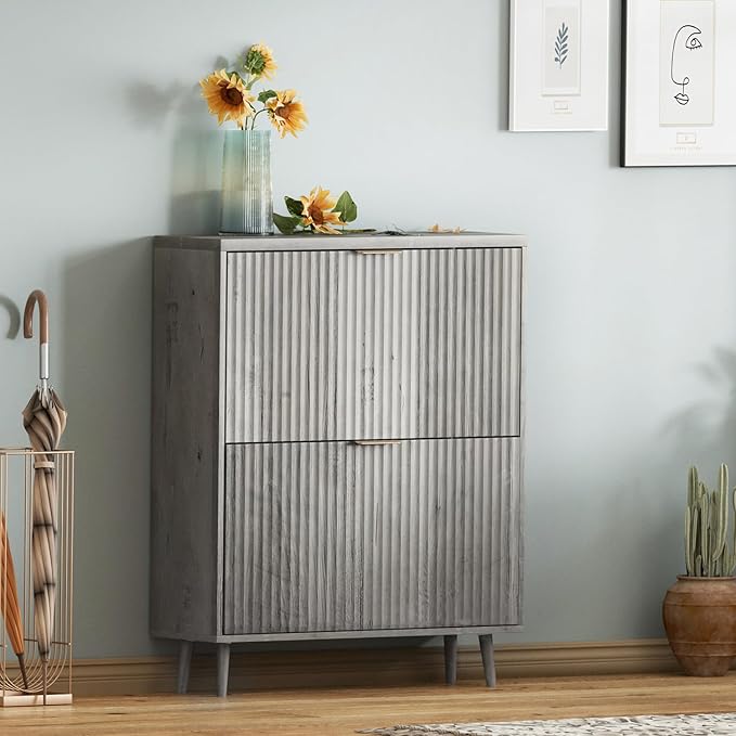 Shoe Cabinet Storage,Modern Freestanding Organizer with 2 Flip Drawers,Narrow Shoe Rack Cabinet for Entryway,Grey