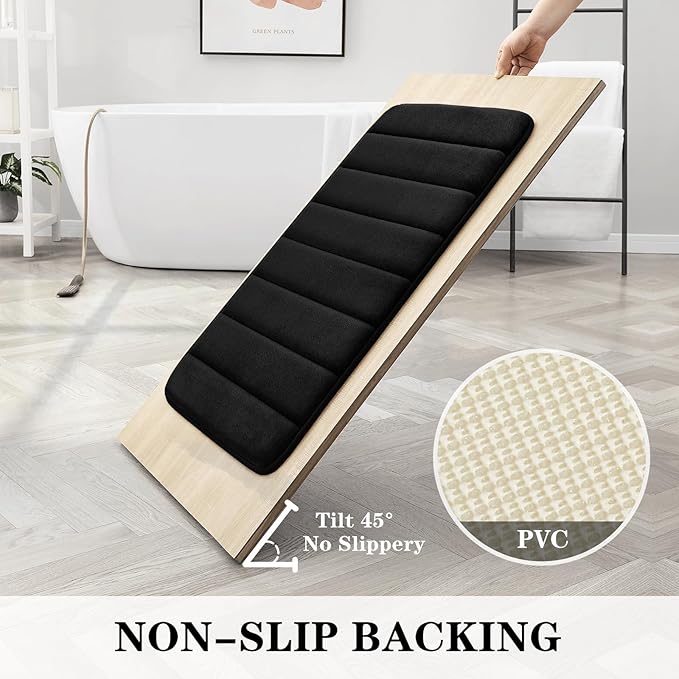 BYSURE Black Memory Foam Bath Mats, Non Slip Extra Soft Absorbent Machine WashableToilet Bathroom Rug Set 3 Piece (20"x32"+24"x44"+U Shape 20"x24")