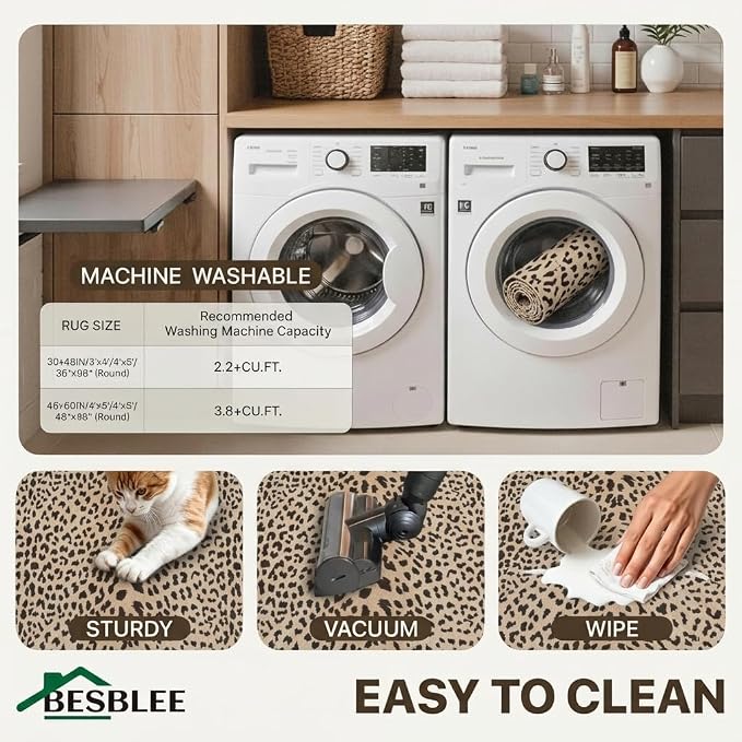 48"x72" Office Chair Mat for Hardwood Tile Floor, Under Desk Carpet Protector for Rolling Computer Chair Mat, Machine Washable Area Rug, Anti-Slip 1/5" Thick Low Pile Thin Vinyl Floor Mat, Leopard