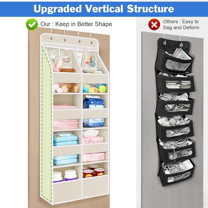 Univivi 5-Shelf Fabric Door Storage Over Door Hanging Organizer with 8 Large Pockets and 4 Small PVC Pockets Closet Cabinet Wall Mount Hanging Storage Organizers for Baby Nursery (Beige Pattern)