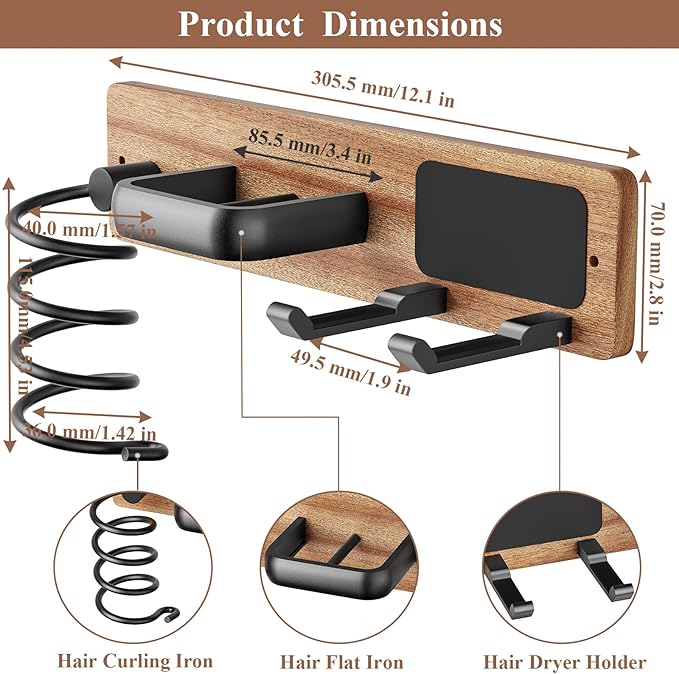 Tindbea Hair Dryer Holder Wall Mount Aluminum Alloy Hot Tools Organizer | Sapele Wood, Matte Black