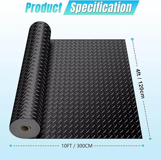 Heavy Duty Diamond-Plate Rubber Flooring Roll 4x10 FT, Multi-Purpose Waterproof Anti-Slip Floor Mat, Easy to Clean Under Equipment, Mats for Garage, Gym, Stable, Basement, Kennel