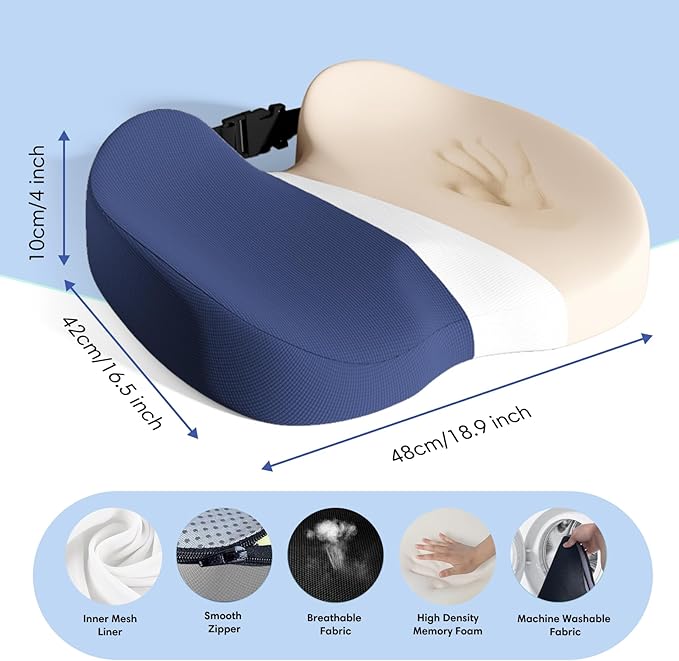 Large Memory Foam Seat Cushion for Office Chair, Car, Truck & Wheelchair - Sciatica Ease, Coccyx & Tailbone Pain Relief Cushion for Long Sitting & Driving