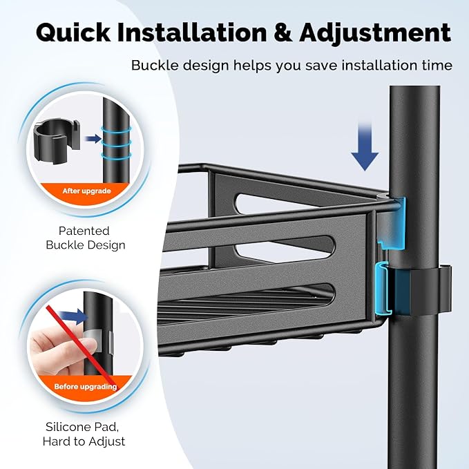 HAMITOR Corner Shower Caddy Tension Pole: Quick Installation 4-Tier Rustproof Bathroom Organizer Shelves for Bathtub Shampoo Storage - 47-121 inch Adjustable Floor Standing Bath Rack Holder - Black