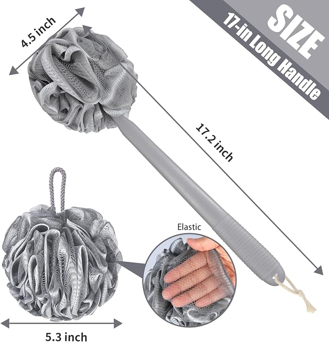 VANZAVANZU Loofah Sponge Set Back Scrubber for Shower, Anti-Slip Plastic 17" Handle Loofah on a Stick with Fluffy Shower Sponge, PE Soft Mesh Shower Loofahs-Gray with White Edge