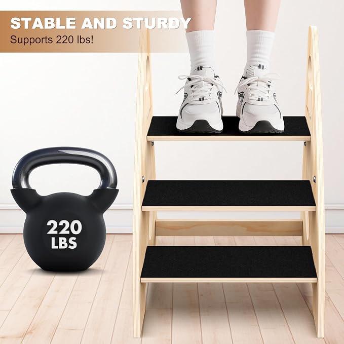 Toddler Step Stool, Wooden Height-Adjustable 3-Step Stool for Kids, Potty Training Stool with Handles and Non-Slip Pads for Bathroom Sink, Kitchen, Bedroom
