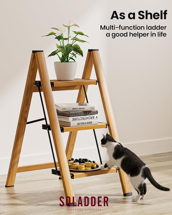 SOLADDER 3 Step Ladder, Folding Aluminum 3 Step Stool with Anti-Slip Wide Sturdy Pedal, Multi-Use for Home and Kitchen, Space Saving-Woodgrain(300 lbs Capacity)