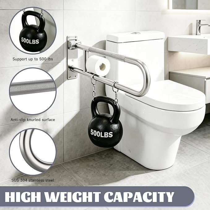 22.5 Inch Toilet Grab Bar, HUAS Brushed Nickel Anti Slip Bathroom Toilet Safety Rails, U Shaped Flip-Up Handicap Grab Bars w/Paper Holder, Stainless Steel Support Handrail for Elderly Disabled Senior