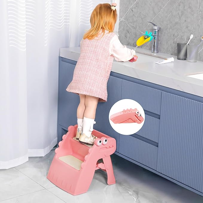 Onasti Toddler Step Stool Foldable Kids Step Stool,Bathroom Stool for Toddlers Non-Slip Toddler Step Stool for Bathroom Sink and Kitchen Counter with Cute Dinosaur Design(Pink)