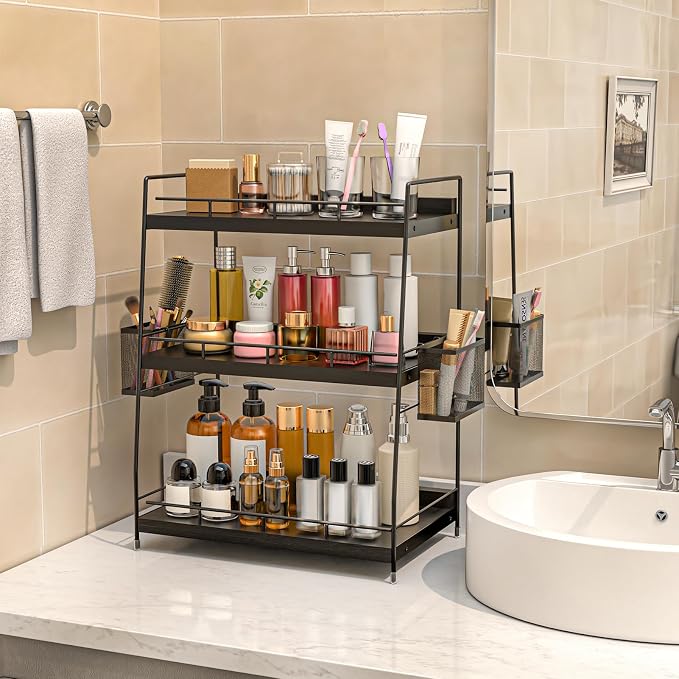 Bathroom Counter Organizer,Bathroom Countertop Organizer with Baskets,Vanity Organizers,Counter Shelf,Countertop Storage, Makeup Organizers(Black)