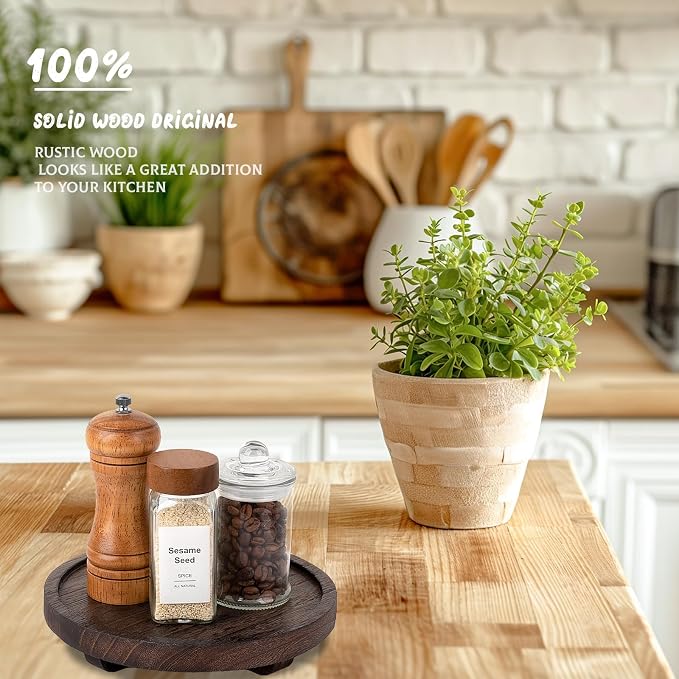 Round Decorative Tray Wood Bathroom Counter Organizer Farmhouse Kitchen Decor Wooden Riser for Soap Dish, Perfume, Candle, Sponge, 8" - Bark Brown
