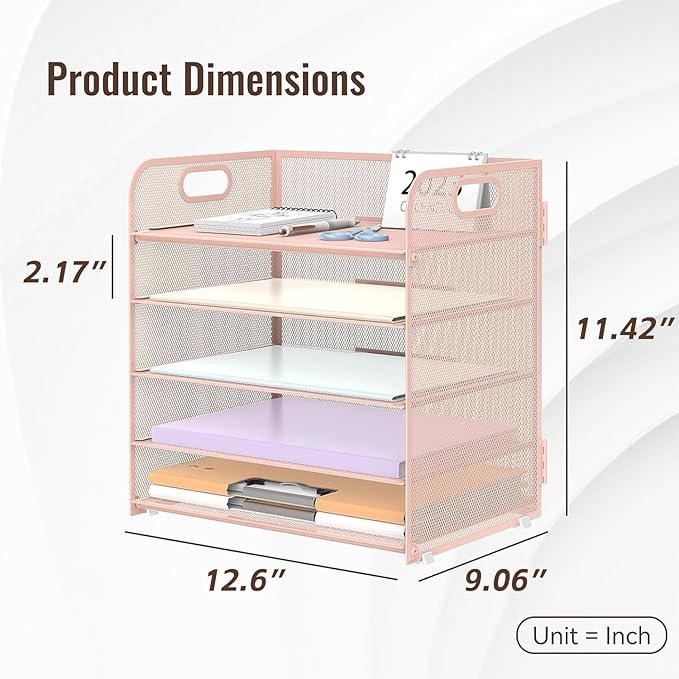 2 Pack 5-Tier Pink Desk Organizer with Handle Mesh Desk File/Paper Organizer Letter Tray for Office, School, Classroom and Home Easy Installation