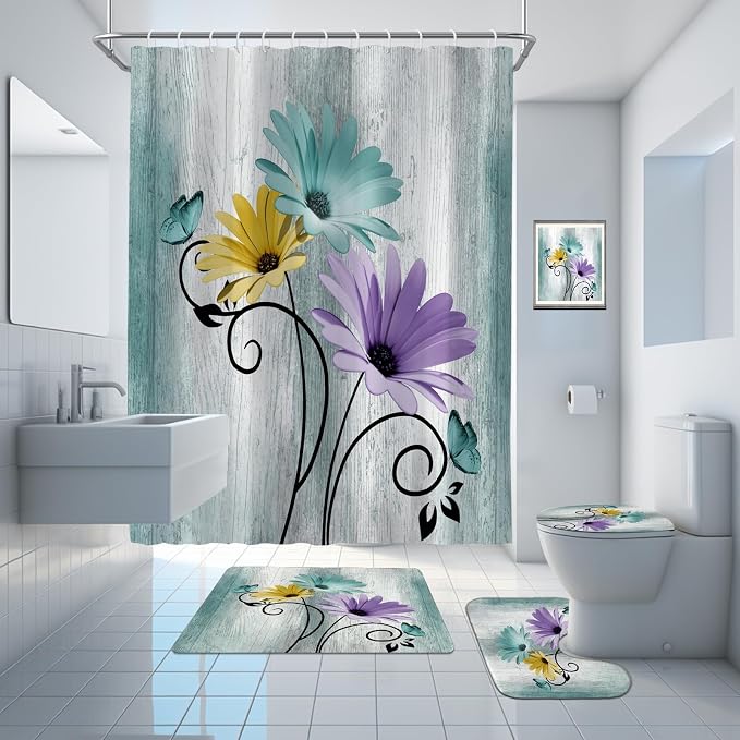 Onalasyc 4PCS Blue-Green Daisy Flowers Butterfly Shower Curtain Set with Shower Curtain and Carpet and Accessories, Waterproof Bathroom Shower Curtain Decorative Set with 12 pcs Hooks,71 x 71in