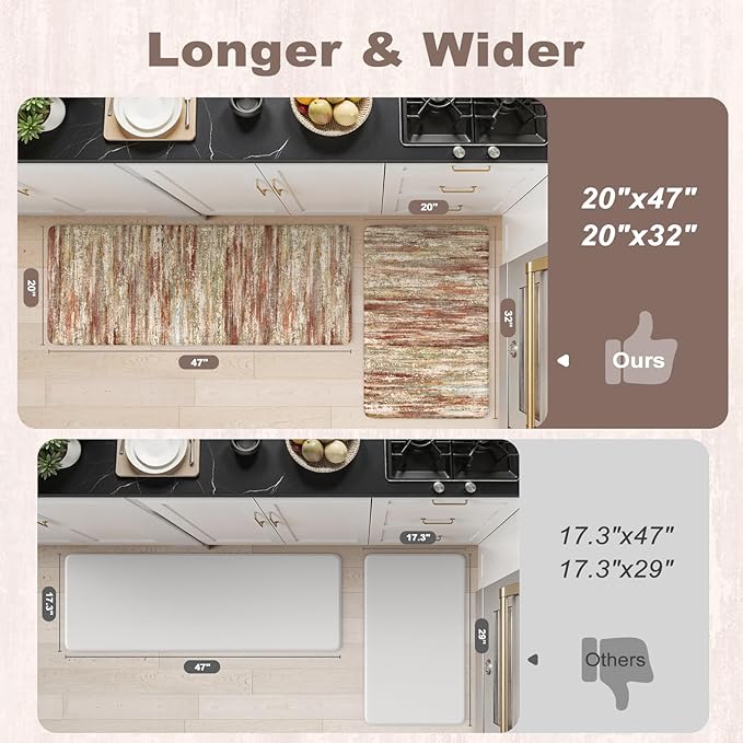 KIMODE Anti Fatigue Kitchen Mats for Floor 2 Piece, Red Brown Farmhouse Kitchen Rugs Non Slip, Ergonomic Cushioned Standing Mat for Office Sink Laundry Desk 17"x47"+17"x29"
