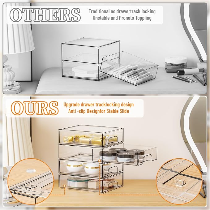 Yieach 2.2'' Tall Small Clear Stackable Storage Drawers,2 Pack Stacking Acrylic Organizers Drawers for Hair Accessories,Makeup,Pen,Art Crafts,Office Supply Organizer and Desktop Plastic Mini Drawers
