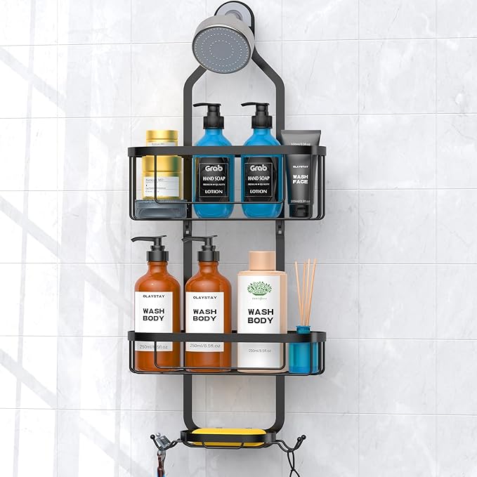 Shower Caddy Hanging, Bathroom Shower Rack, Bathroom Organizer with Soap Dish, Over The Showerhead Caddy with Hooks for Razor/Sponge, Black