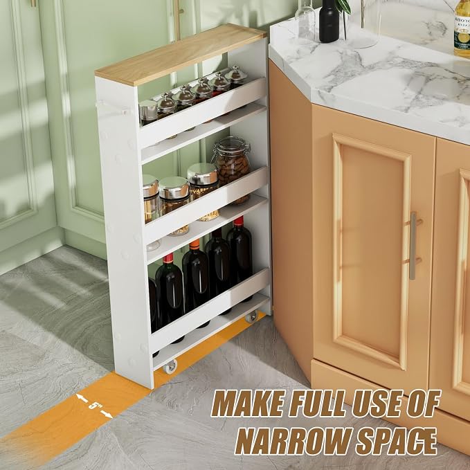 Giantex 4 Tier Rolling Slim Storage Cart, 5" Narrow Slide Out Kitchen Cart w/Handle & Open Shelves, Space-Saving Compact Mobile Utility Trolley for Small Space Laundry Room (White & Natural)