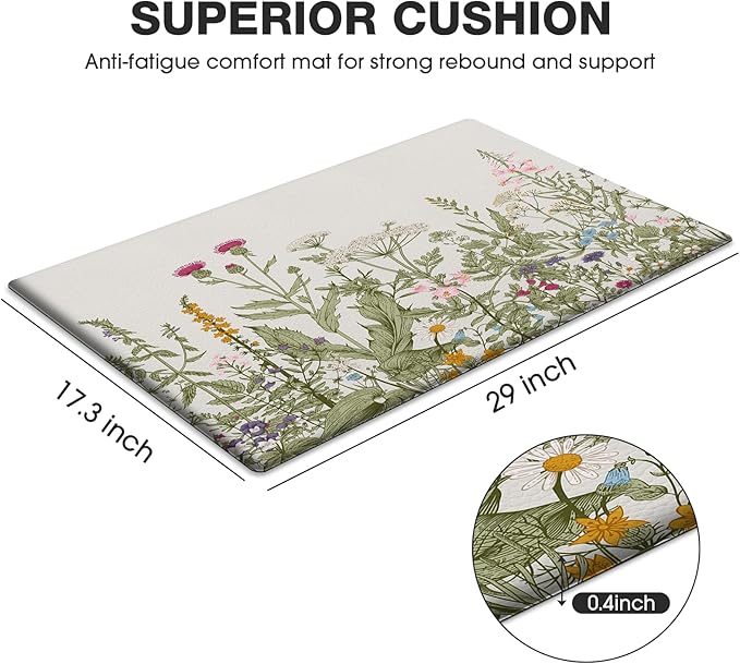 MAYHMYO Kitchen Rug Anti Fatigue Kitchen Mat Cushioned Colorful Floral Plants Cute Vintage Kitchen Rugs Non Skid Waterproof Kitchen Rugs and Mats for Floor Laundry Standing Desk Sink