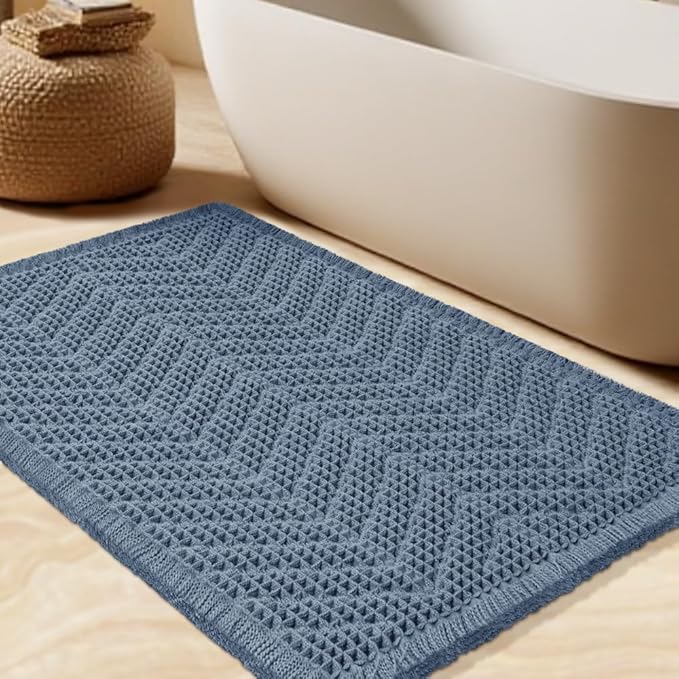 Upgrade Waffle Bath Mat, Boho Bathroom Rugs Absorbent Non Slip, Ultra Soft Bathroom Mat, Machine Washable Knit Bath Rugs with Herringbones for Bathroom, Bedroom, Kitchen, Shower, Tub, 36"x24", Blue