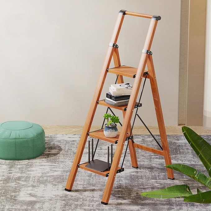 Folding Step Ladder, 4 Step Ladder with Anti-Slip and Wide Pedal, Lightweight Aluminum Step Stool with Handgrip, Space Saving Stepladder for Home and Kitchen, 300 lbs Capacity (Woodgrin