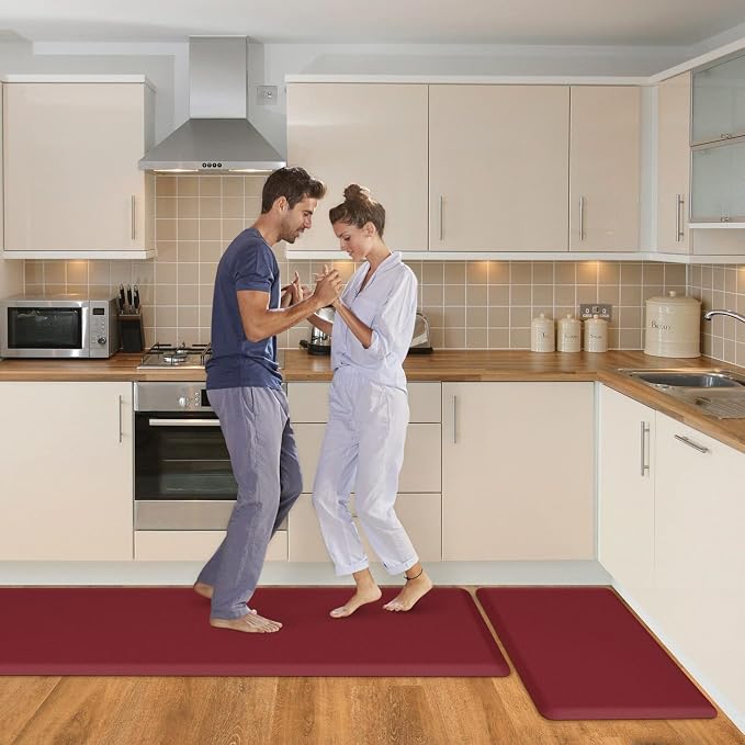 HappyTrends Kitchen Mat,17.3"x28"+17.3"x60" Red, Cushioned Comfort Anti-Fatigue Waterproof Floor Mat Kitchen Rugs, Thick Perfect Ergonomic Foam Standing mat for Kitchen, Home, Office, Laundry