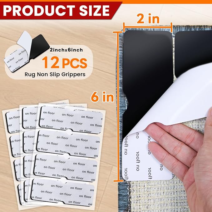 Rug Non Slip Grippers, Reusable Rug Tape Pads for Hardwood Floors, Laminate Floor, Tiles, No Residue on Flooring, Corner Grippers Carpet Tape for Area Rugs, Keep Corners Flat (12)