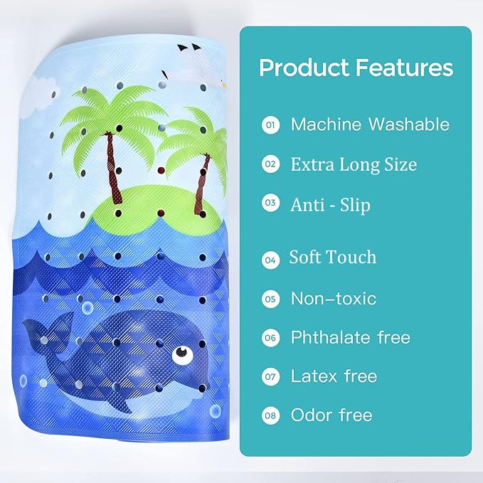 Bath Mat for Tub for Kids Non Slip Bathtub Mat for Baby Toddler Extra Long Bathroom Shower Mat with Suction Cups,Drain Holes,40X16 Inch,Ships