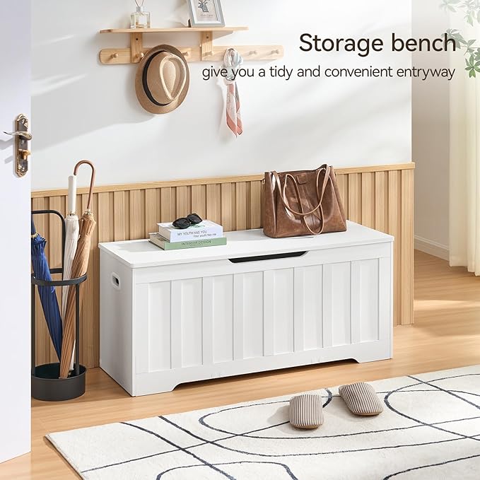 VANKILEY 43.3" Storage Chest Extra Large,Storage Trunk with 2 Safety Hinges,Wooden Storage Bench,Shoe Bench,43.3x15.7x19.1 Inch,Easy Assembly,Storage Bench for Bedroom,Living Room,entryway(White).