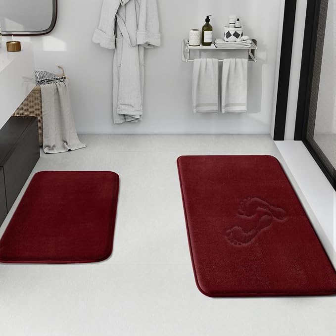 HUXMEYSON Bathroom Rugs Sets 2 Piece, Non-Slip & Quick Dry Bath Mat Set, Ultra Soft Velvet Bath Rugs for Bathroom, Toilet and Shower Floor, Red