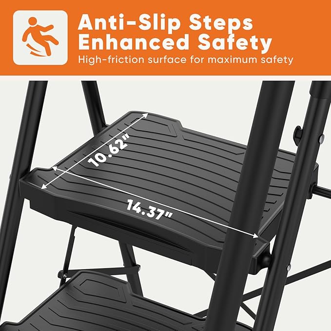 Sweetcrispy 5 Step Ladder, 800lbs Folding Step Stool with Wide Anti-Slip Pedal, Tool Tray Sturdy Ladder, Convenient Handrail, Lightweight, Portable Stepping Stool, Black