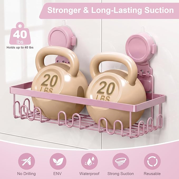 JOTPE Pink Shower Caddy Suction Cup 2 Pack with Hooks, No Drilling Shower Organizer for Bathroom with Large Capacity, Heavy Duty Suction Strong Hold, Waterproof & Rustproof Metal Storage Basket