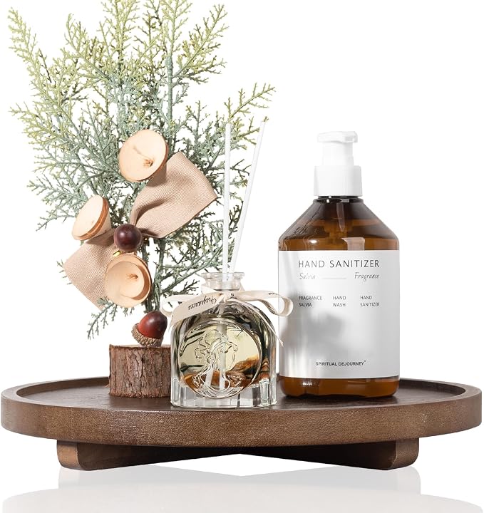 Round Decorative Tray Wood Bathroom Counter Organizer Farmhouse Kitchen Decor Wooden Riser for Soap Dish, Perfume, Candle, Sponge, 12" - Walnut